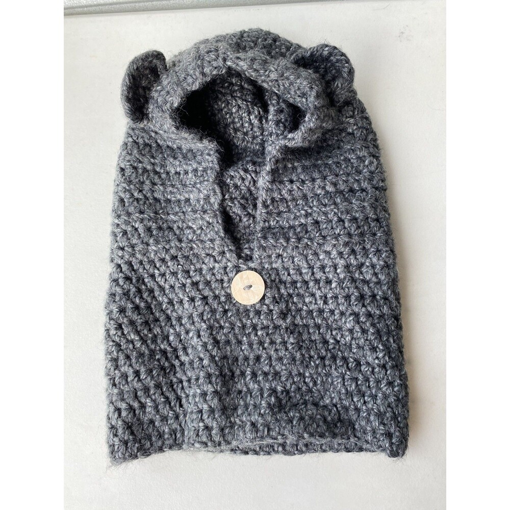 Handmade Crocheted Hooded Cowl Balaclava Bear Ears Button Grey Adult